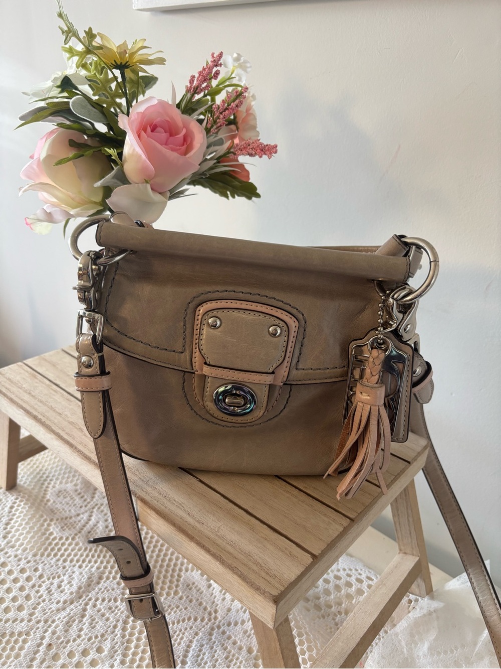Coach Willis 70th anniversary Crossbody Bag in Taupe with Tassel Accent
